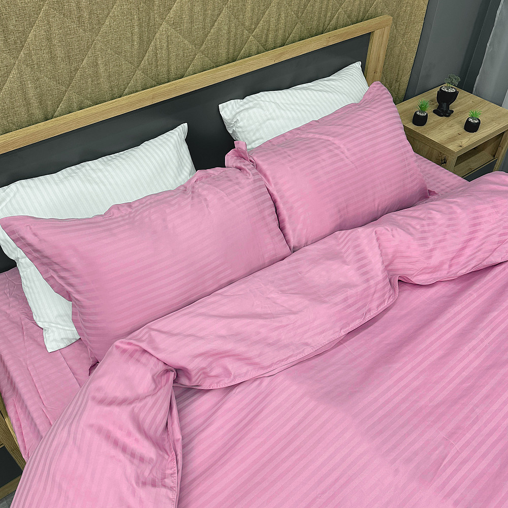 Комплект постельного белья Страйп-сатин Двуспальный 180х220 с простыней на резинке Розовый (88-179) Киев - изображение 1