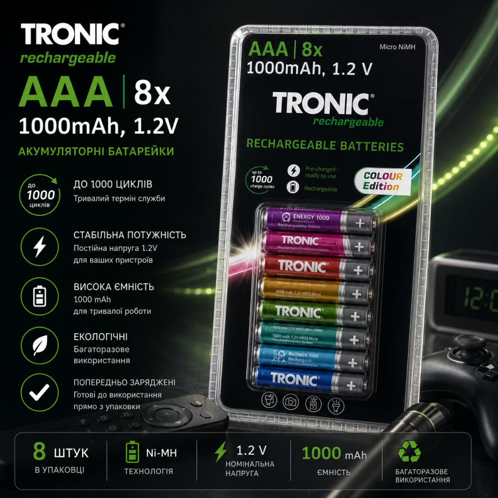 Акумуляторні батарейки TRONIC AAA 1000 mAh 1.2V Ni-MH HR03 Micro попередньо заряджені, комплект 8 шт Київ - фото 2