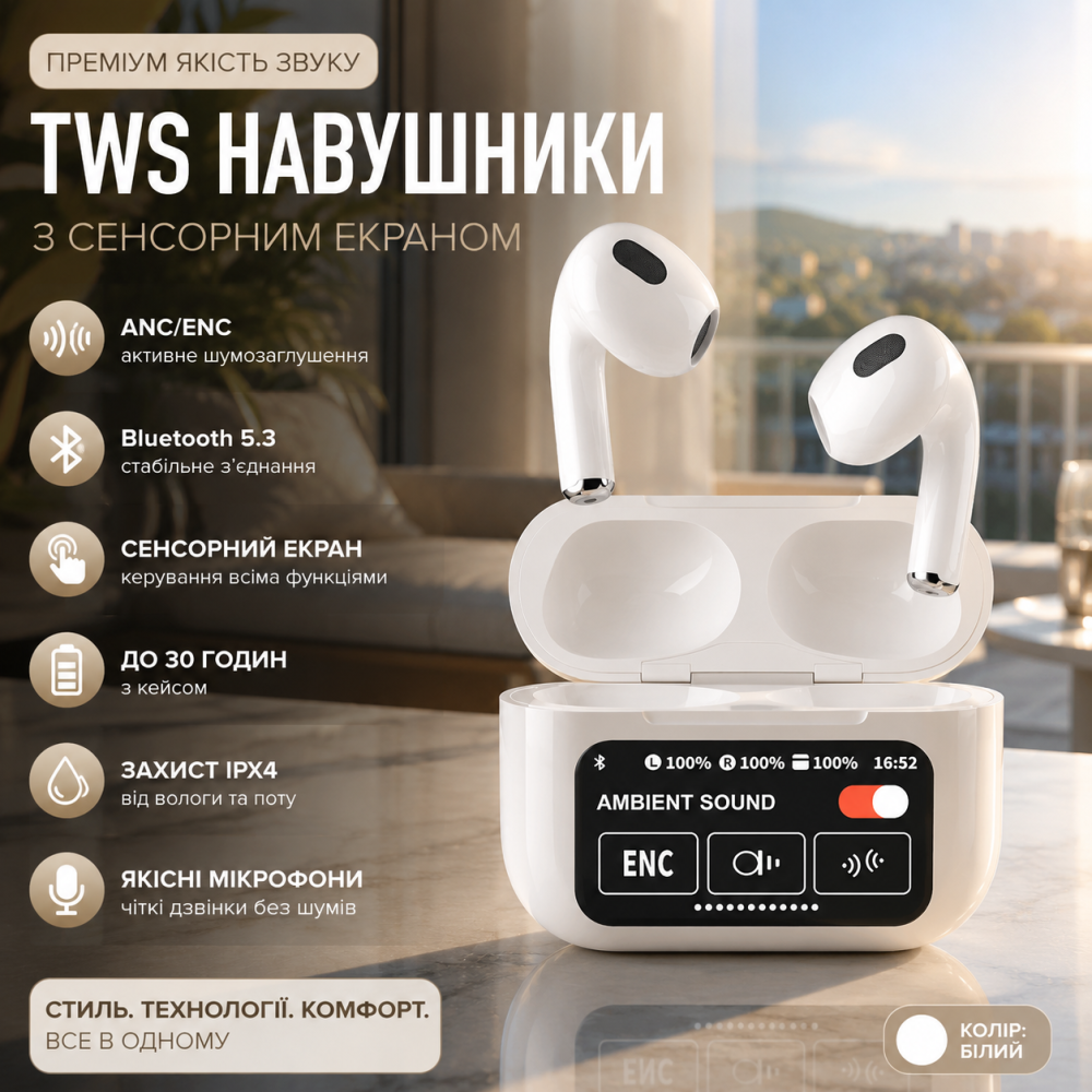 Беспроводные наушники TWS Air A10 Pro ANC с цифровым LCD-дисплеем и активным шумоподавлением, Bluetooth 5.2, White (Белые) Киев - изображение 3