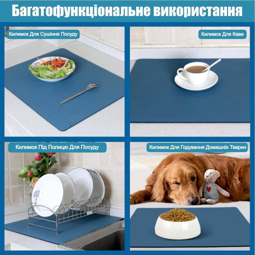 Антискользящий кухонный коврик - Абсорбирующий коврик для сушки посуды - Коврик под кофеварку 40х55 см Синий Буча - изображение 6