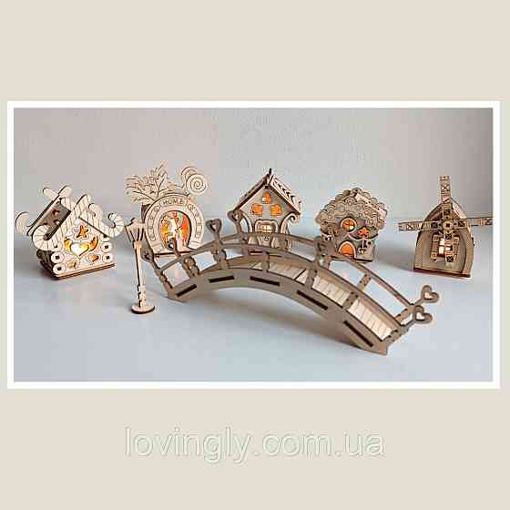 Новорічне дерев’яне містечко з LED підсвіткою — набір будиночків для дому, подарунок і святковий декор Ірпінь