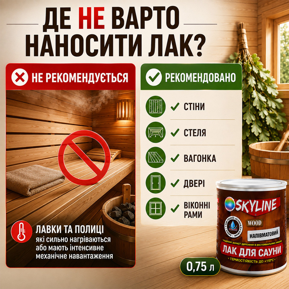 Лак для сауны SkyLine WOOD 0.75 л — акриловый полуматовый лак для дерева, прозрачный, без запаха, термостойкий до +110°C Харьков - изображение 7
