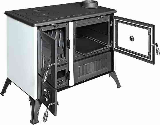 Піч-кухня чавунна Hosseven 4013 з духовкою та варильною поверхнею 8 кВт до 60 м2 опалювально-варильна біла піч на дровах Туреччина Київ