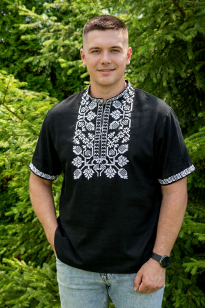 Мужская вышиванка с длинным рукавом черная с белой вышивкой, нарядная рубашка с вышивкой, мужские вышиванки 48-50 Киев