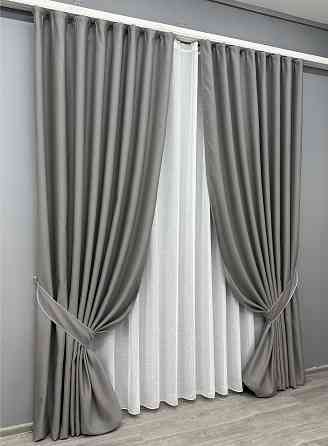 Комплект штор VR-Textil рогожка премиум TERRA LUXE 150х270 2шт и Тюль 400х270 1862ш-115т серый с белым 71-068/3 Киев