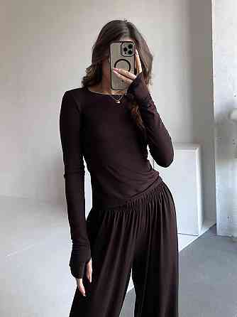 Жіночий базовий прогулянковий костюм-двійка: лонгслів і штани турецька віскоза Шоколад, 42/46 Одеса
