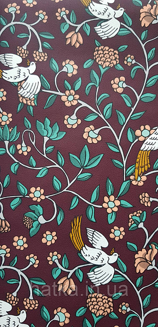 Шпалери вінілові на флізеліні Rasch Clasik 0,53х10 райські пташки квіти листя гілки яскраві білі на бордовому Київ - фото 1
