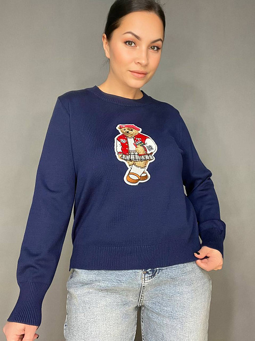 Светр жіночий A-N 2609 з нашивкою ведмедика оверсайз базовий one size, темно-синій, one size Київ - фото 1