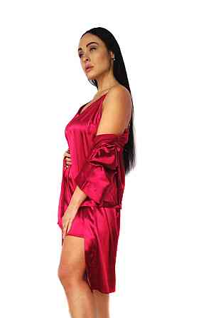 Жіноча атласна нічна сорочка з халатом Бордовий S Харків