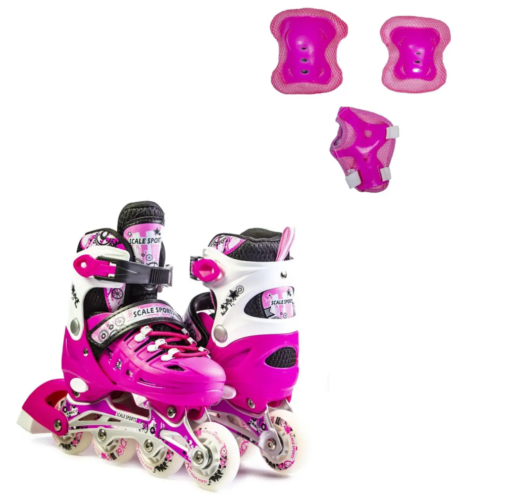 Набор роликов с защитой на колени, локти и ладони Scale Sports. Малиновый цвет, размер 29-33 Одесса - изображение 1