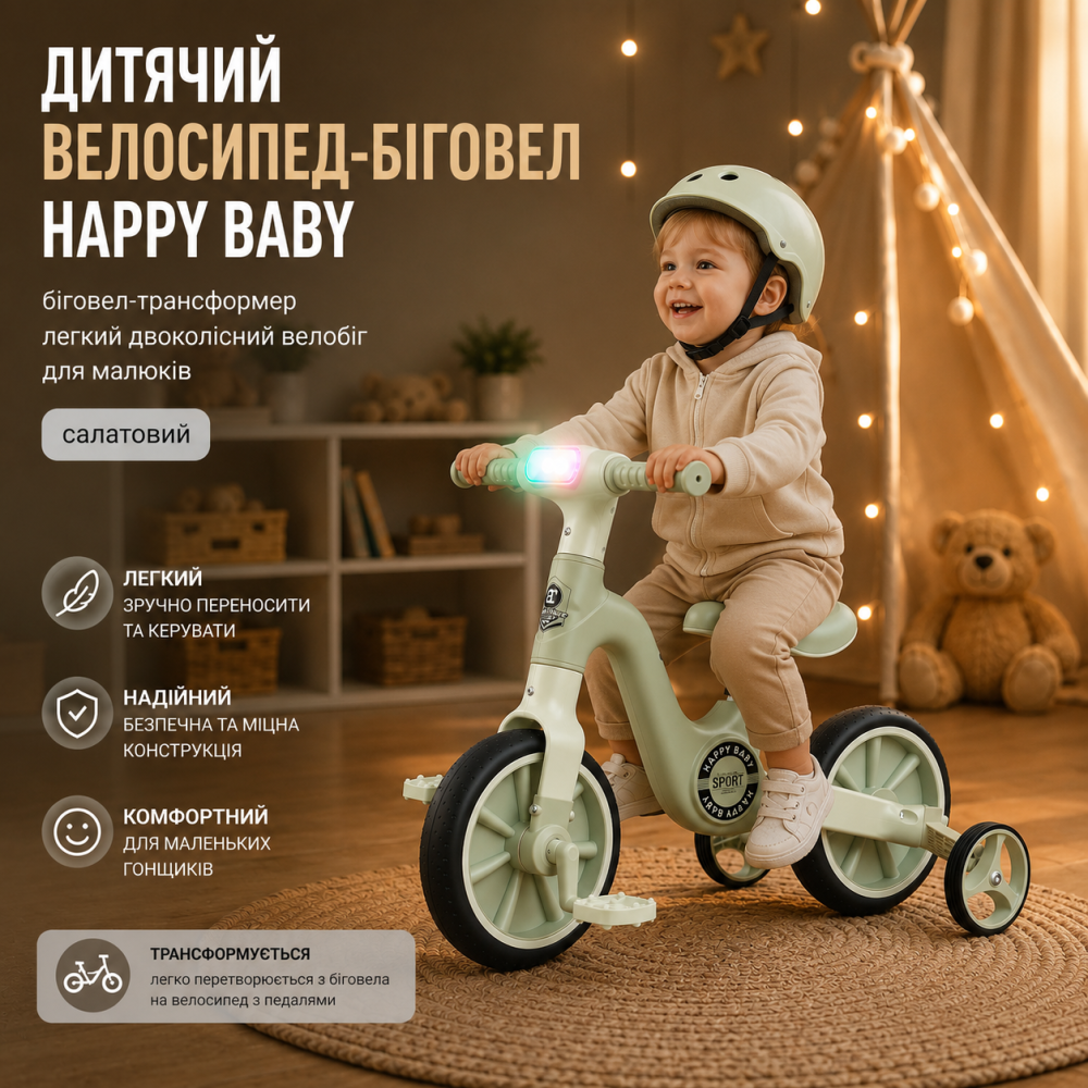 Детский беговел-трансформер 3-в-1 Happy Baby: легкий велобег со светом, музыкой и колесами для тренировок, Бело-черный Киев - изображение 7