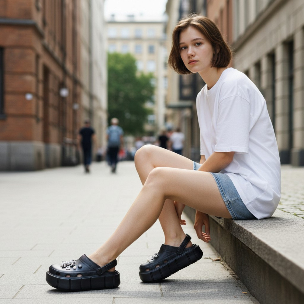 Крокси чорні жіночі з прикрасою на високій підошві для жінок дівчат платформа 38/39 р Одеса - фото 17