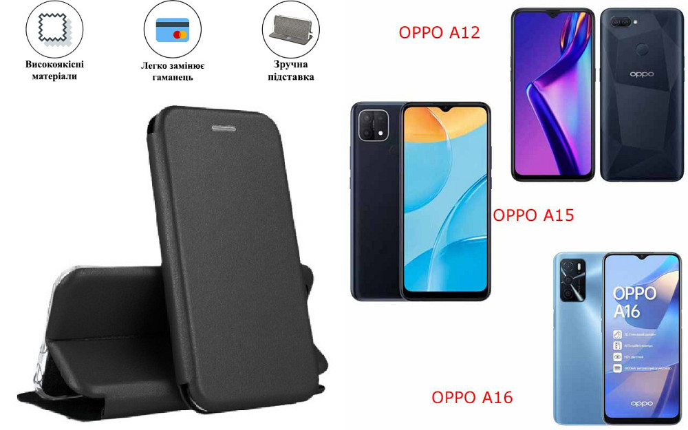 Чохол-книжка з силіконом для OPPO A15, OPPO A16, чорний Київ - фото 1