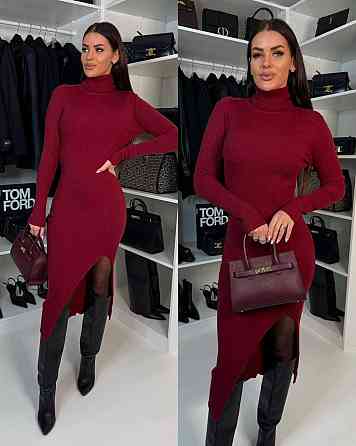 Женское романтичное теплое платье-гольф с разрезом по ножке ангора рубчик Бургунди, 46/48 Одесса