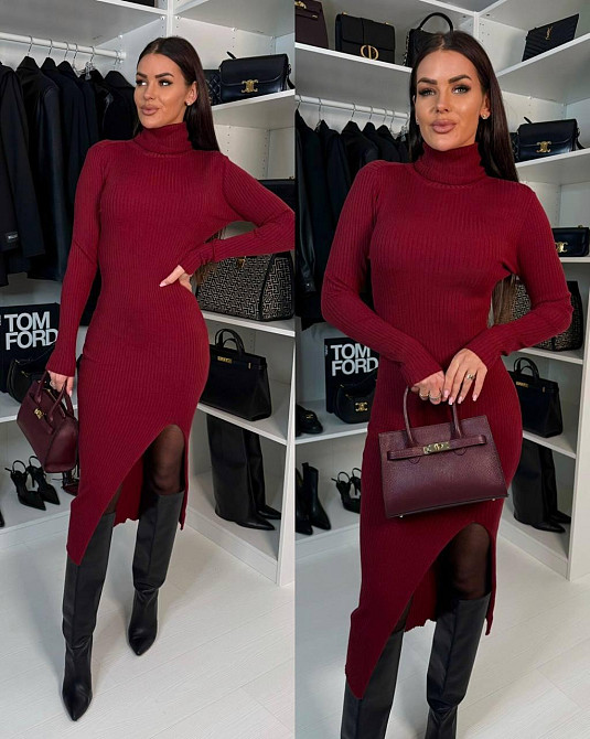 Женское романтичное теплое платье-гольф с разрезом по ножке ангора рубчик Бургунди, 46/48 Одесса - изображение 1