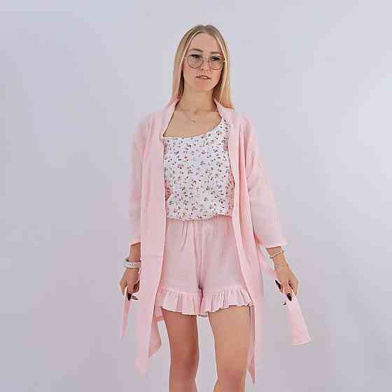 Бавовняна рожева жіноча піжама три в одному сорочка +шорти з рюшами+халат Кам'янець-Подільський