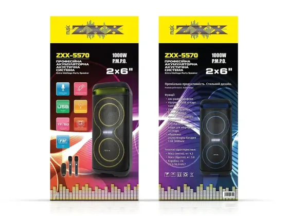 Портативна акустична колонка ZXX-5570 30Вт 2x6" Bluetooth, USB, TF, FM, LED, 2 бездротові мікрофони, пульт ДК Одеса