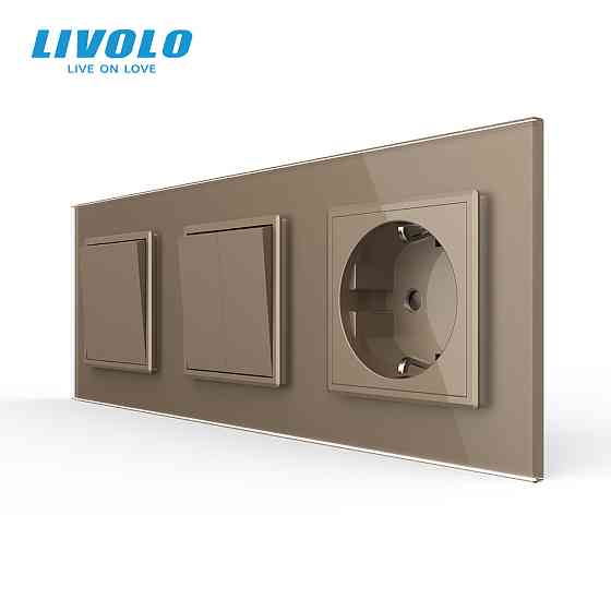 LIVOLO Трьохклавішний вимикач (1-2) з розеткою Livolo золотий скло (VL-C7K1/K2/FCTC16A-6AP) Коломия