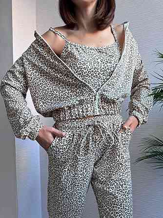 Жіночий леопардовий костюм-трійка з подвійним капюшоном двонитка Беж, 46/48 Одеса