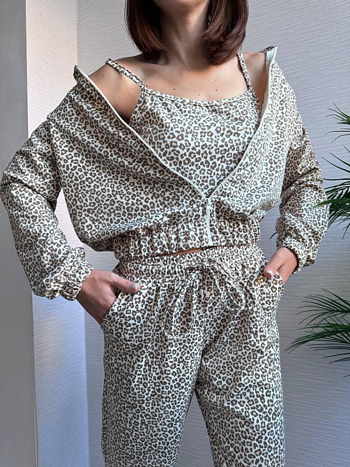 Жіночий леопардовий костюм-трійка з подвійним капюшоном двонитка Беж, 46/48 Одеса - фото 1