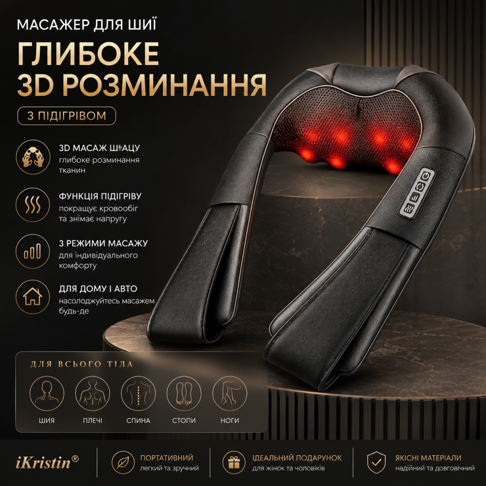 Массажер шиацу для шеи и плеч iKristin: 3D-массаж 16 узлов, ИК-подогрев, для всего тела, автомобильный адаптер, Серый Киев - изображение 2
