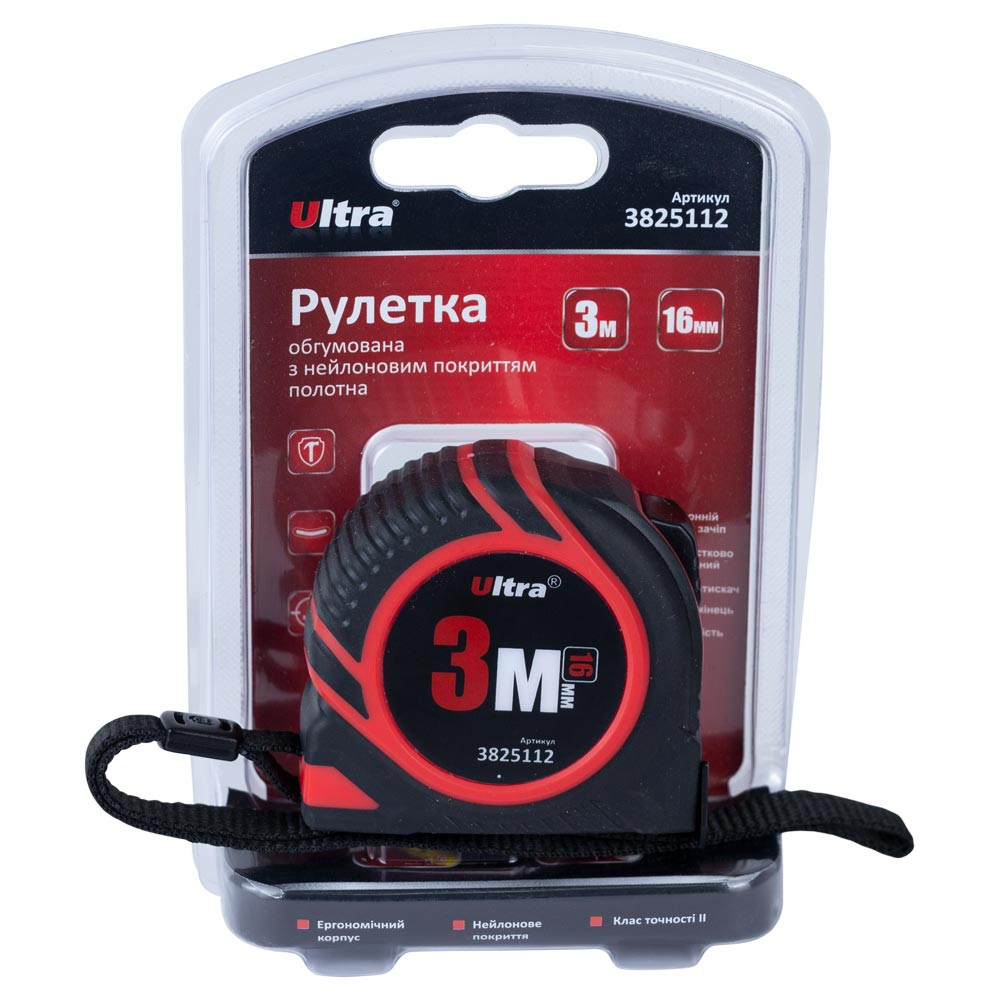 Ultra Рулетка обрезиненная с нейлоновым покрытием полотна 3м×16мм ULTRA (3825112) Киев - изображение 2