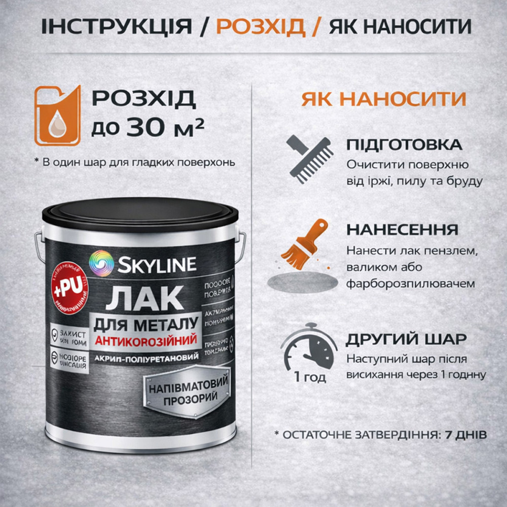 Лак для металу Skyline напівматовий прозорий акрил-поліуретановий антикорозійний без запаху 3 л Харків - фото 7