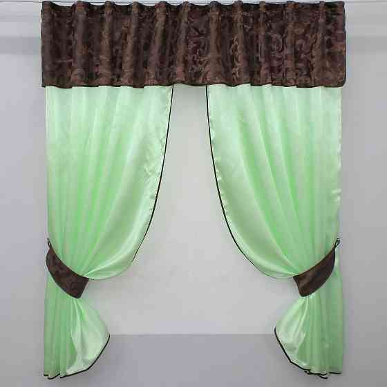 Кухонні штори VR-Textil № 073к з ламбрекеном і підхватами салатовий з коричневим 290х170 см ( 52-0267) Київ
