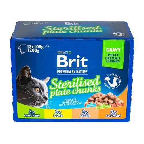 Вологий корм Brit Premium Cat Набір паучів сімейна тарілка для стерилізованих котів, асорті 4 смаки, 100 г х 12 шт Київ