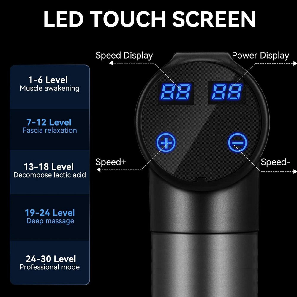 Перкуссионный массажер Cholas Massage Gun, 30 скоростей, 6 насадок, LED-дисплей, 2400 мА·ч, черный Киев - изображение 10