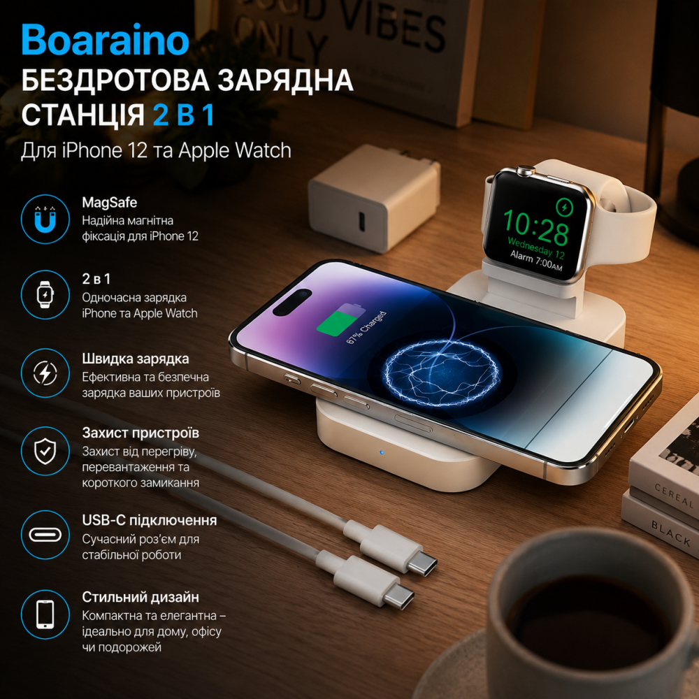 Бездротова зарядна станція Boaraino 2 в 1 для iPhone 12 та Apple Watch, MagSafe, Wireless Charger, пошкоджена коробка Київ - фото 4