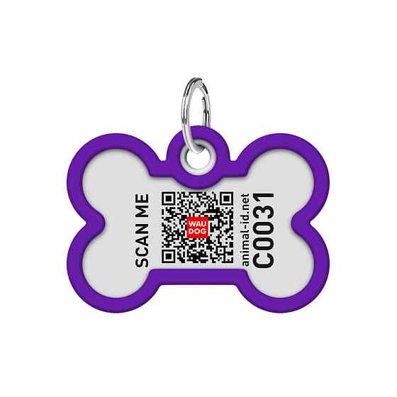 Адресник для собак і котів металевий WAUDOG Smart ID з QR паспортом, малюнок "Градієнт фіолетовий", кістка, Д 40 мм, Ш 28 мм Київ