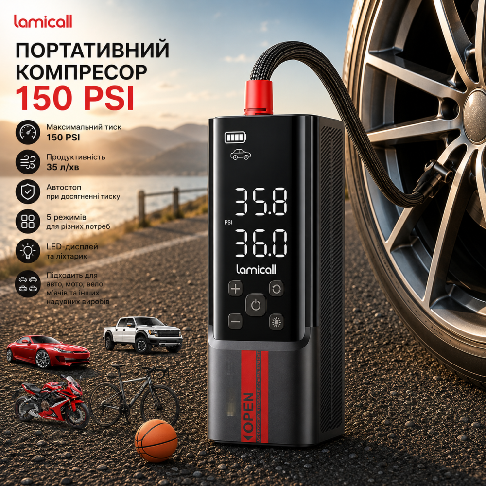 Портативный компрессор Lamicall 150 PSI, 35 л/мин, автостоп, 5 режимов, LED-дисплей и фонарик, для авто/вело/мото Киев - изображение 1