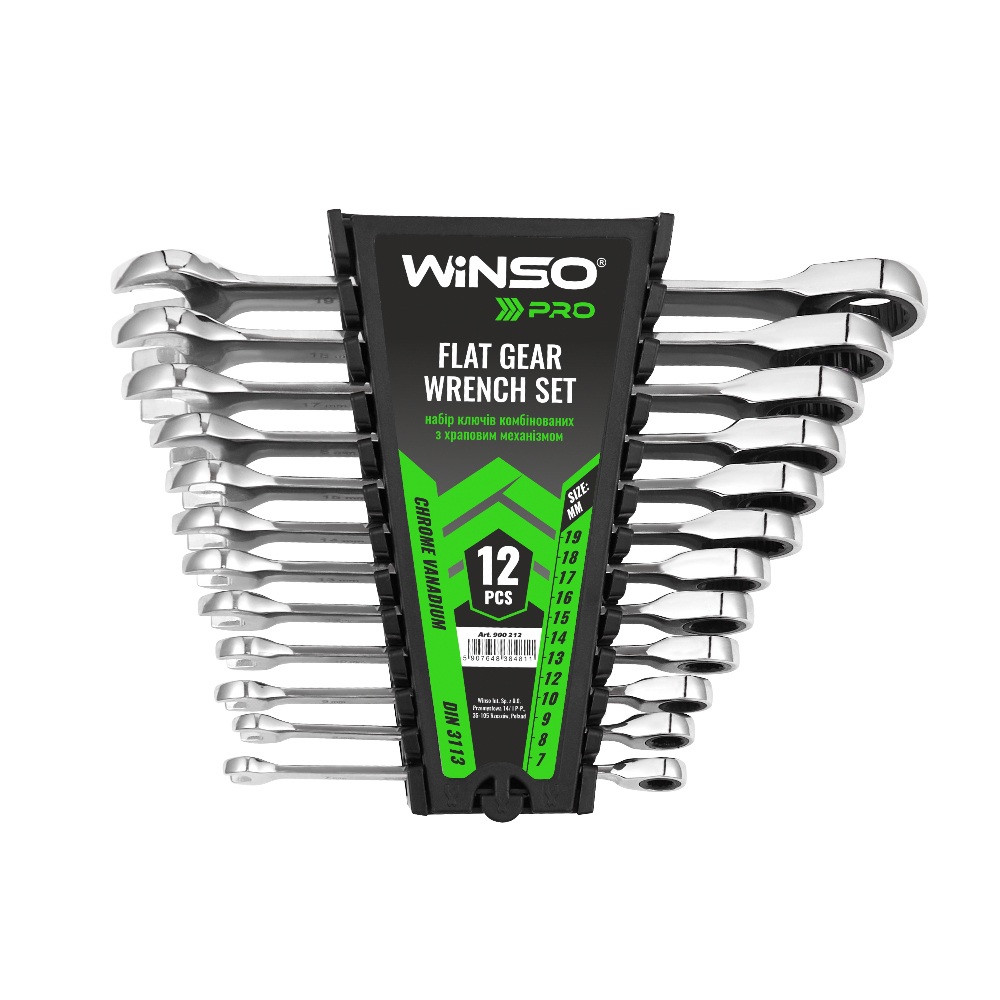 Набор комбинированных рожково-накидных ключей с трещоткой WINSO PRO, 12 шт, 7–19 мм, пластиковый держатель Киев - изображение 1