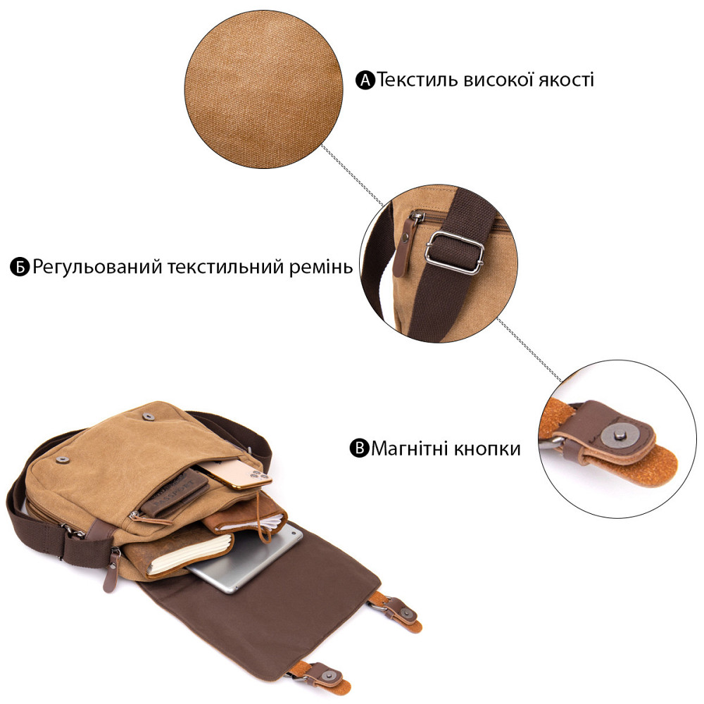 Сумка почтальонка текстильна Пісочна (Vintage) Київ - фото 4