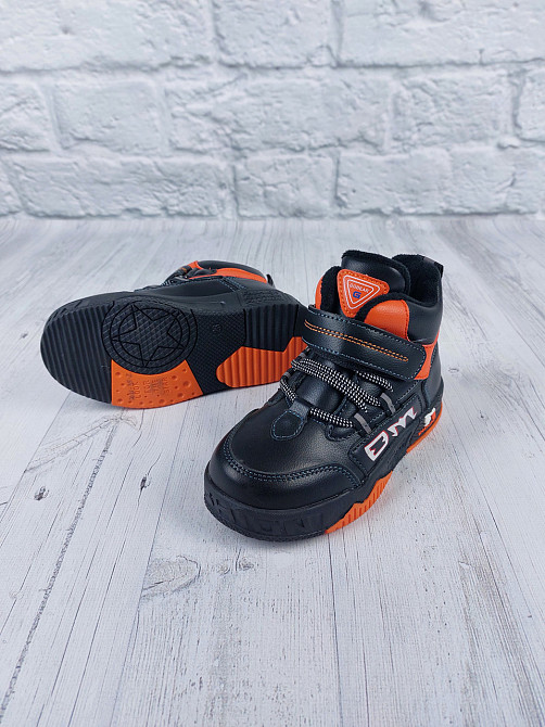 Дитячі демісезонні кросівки хайтопи чорно-жовтогарячі на флісі для хлопчиків 32(20,7см) Миколаїв - фото 4