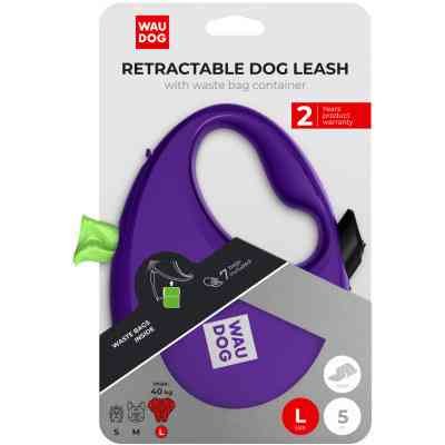 Повідок для собак WAUDOG R-leash з контейнером для пакетів L до 40 кг 5 м фіолетовий (26299) Вінниця