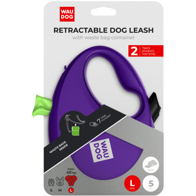 Повідок для собак WAUDOG R-leash з контейнером для пакетів L до 40 кг 5 м фіолетовий (26299) Вінниця - фото 5