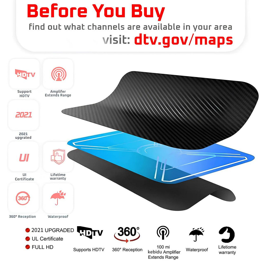 Кімнатна цифрова ТВ антена RESTEQ — пасивна антена з підтримкою 1080p, для прийому цифрового сигналу DVB-T / DVB-T2, кабель 3.7 м Київ - фото 3