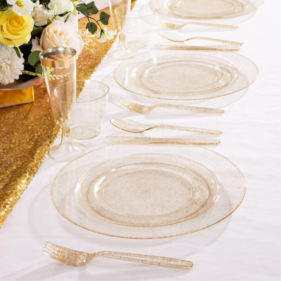 Набор тарелок пластиковые 12 штук круглые,обеденные 26 см и десертные 19 см, золотые прозрачные с блестками Каменец-Подольский
