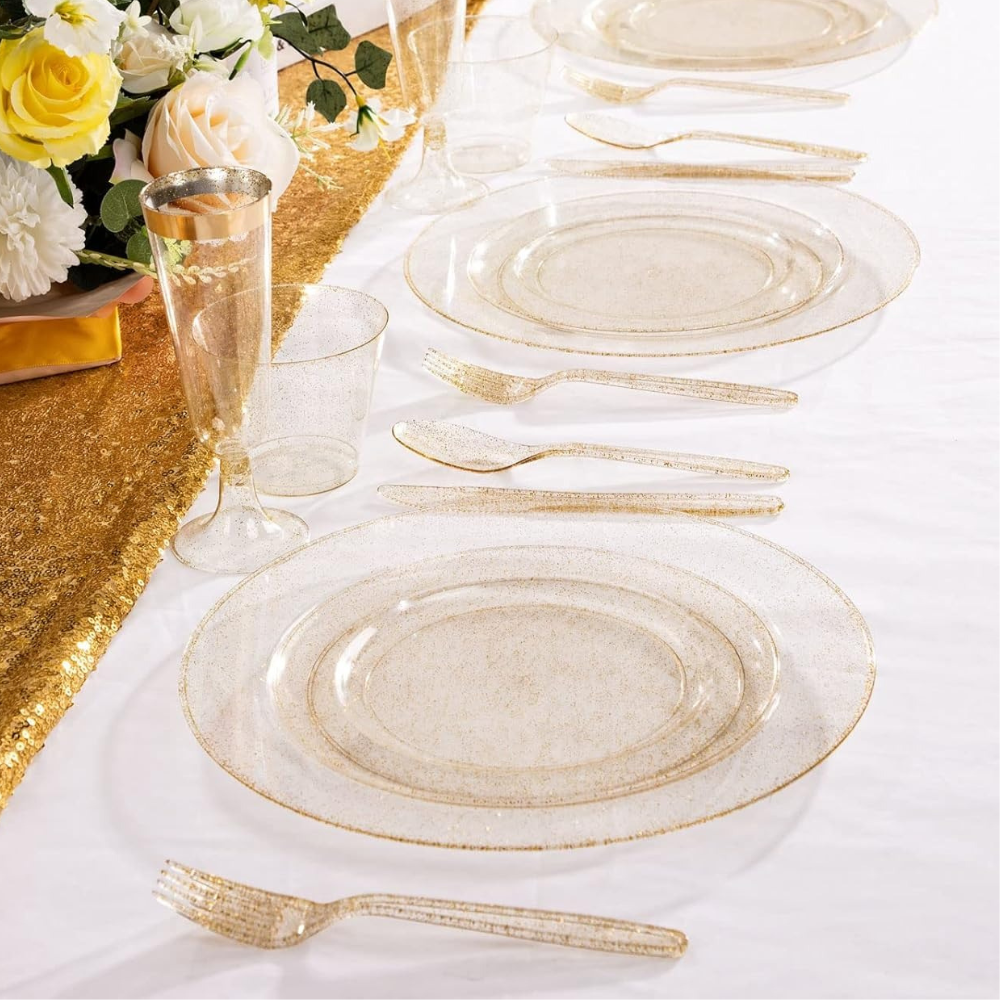 Набор тарелок пластиковые 12 штук круглые,обеденные 26 см и десертные 19 см, золотые прозрачные с блестками Каменец-Подольский - изображение 5