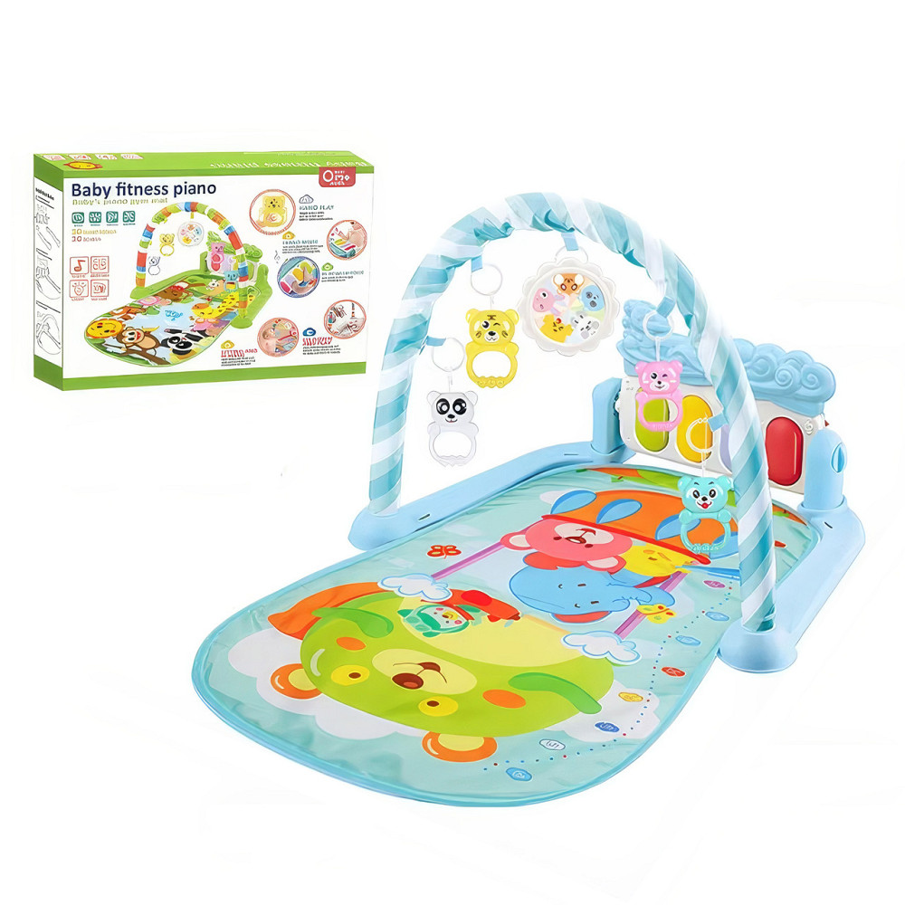 Розвиваючий дитячий килимок з піаніно, підвісними іграшками, шкалою росту, блакитного кольору, принт тварини Кам'янець-Подільський - фото 1