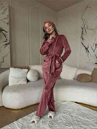 Жіноча затишна піжама: халат-кімоно, штани + пов'язка на голову велюр Какао, 46/48 Одеса