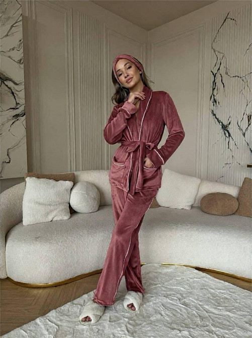 Жіноча затишна піжама: халат-кімоно, штани + пов'язка на голову велюр Какао, 46/48 Одеса - фото 4