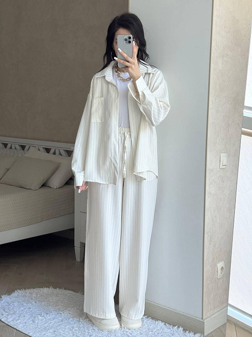 Женский стильный вязаный костюм двойка турецкий лен в полоску Белый, 48/52 Одесса - изображение 2