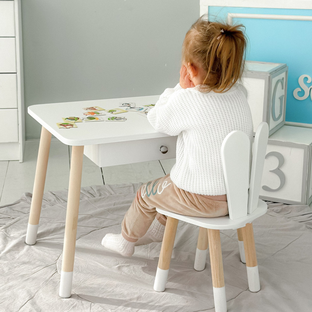 Стіл прямокутний з ящиком 46х60х45 і стілець вушка кролика 26х26х24, столик та стільчик в дитячу, білий Київ - фото 10