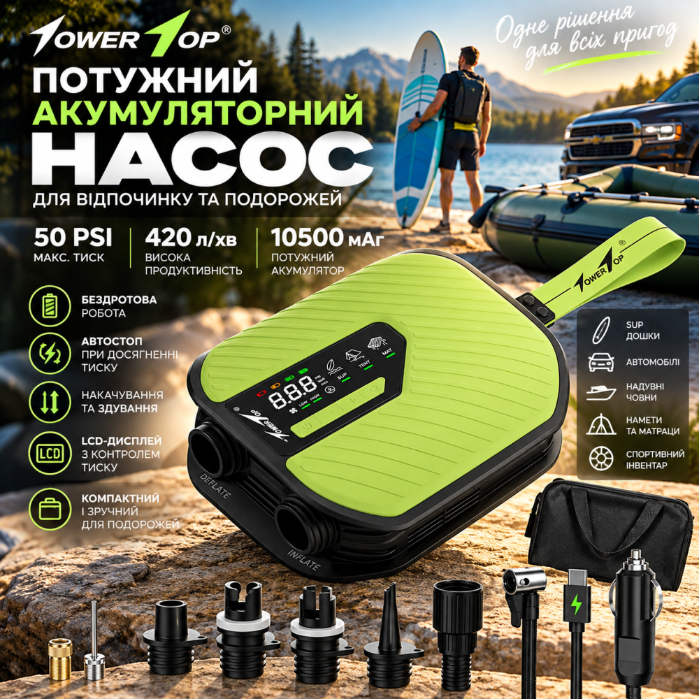 Аккумуляторный насос TowerTop 10500 мАч для SUP и авто, 50 PSI, 420 л/мин, 12 В, LCD, автостоп, 8 насадок, накачивание и сдувание Киев - изображение 1