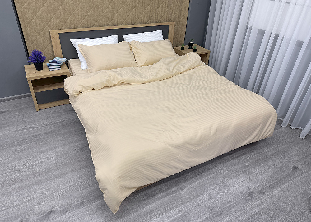 Комплект постільної білизни Страйп-сатин Двоспальний 180х220 з простирадлом на резинці Кремовий (88-102) Київ - фото 3