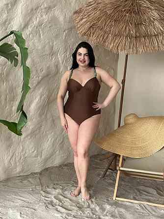 Злитний купальник великих розмірів plus size біфлекс з поролоновими чашками та кісточками на бретельках коричневий 3XL Одеса