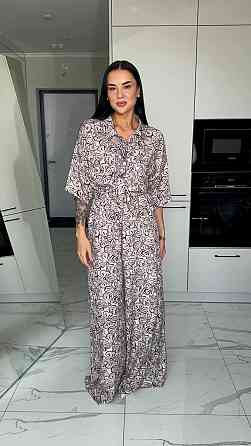 Женский легкий принтованный прогулочный костюм двойка: платок, рубашка и брюки из натурального штапеля Коричневый Одесса